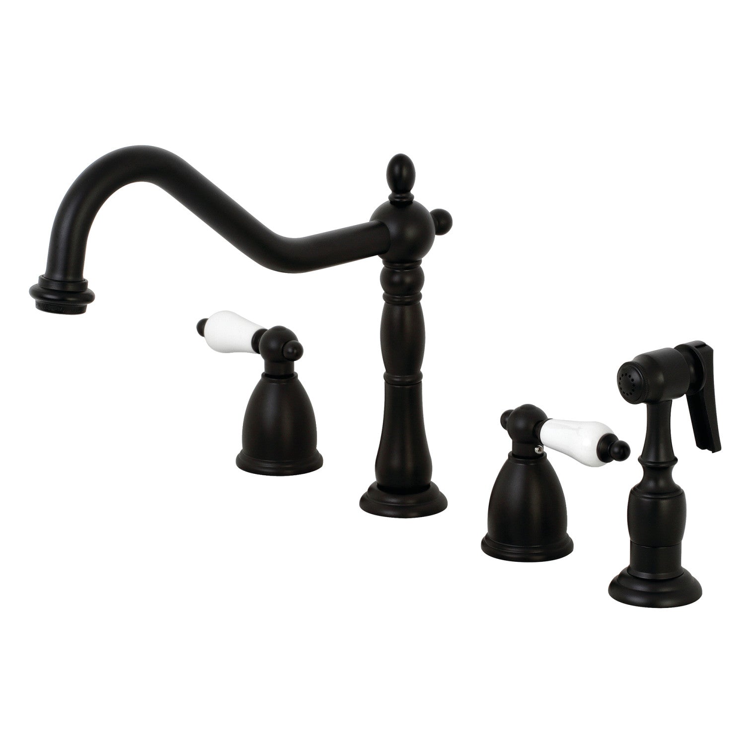 Kingston Heirloom KB1790PLBS - Heritage Double-Handle 4-Hole Widespread Kitchen Faucet with Brass Sprayer, Matte Black — image 1